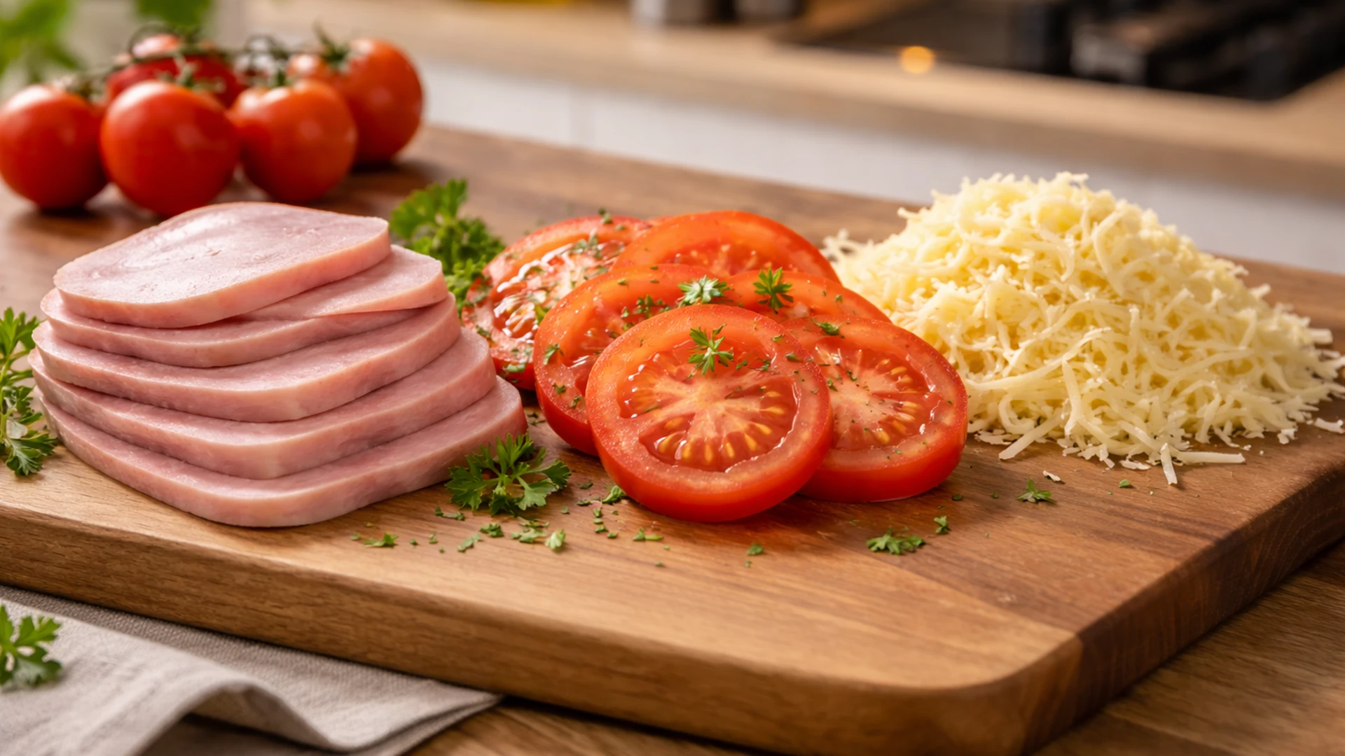 Подготовка ингредиентов для блина с ветчиной, сыром и помидорами