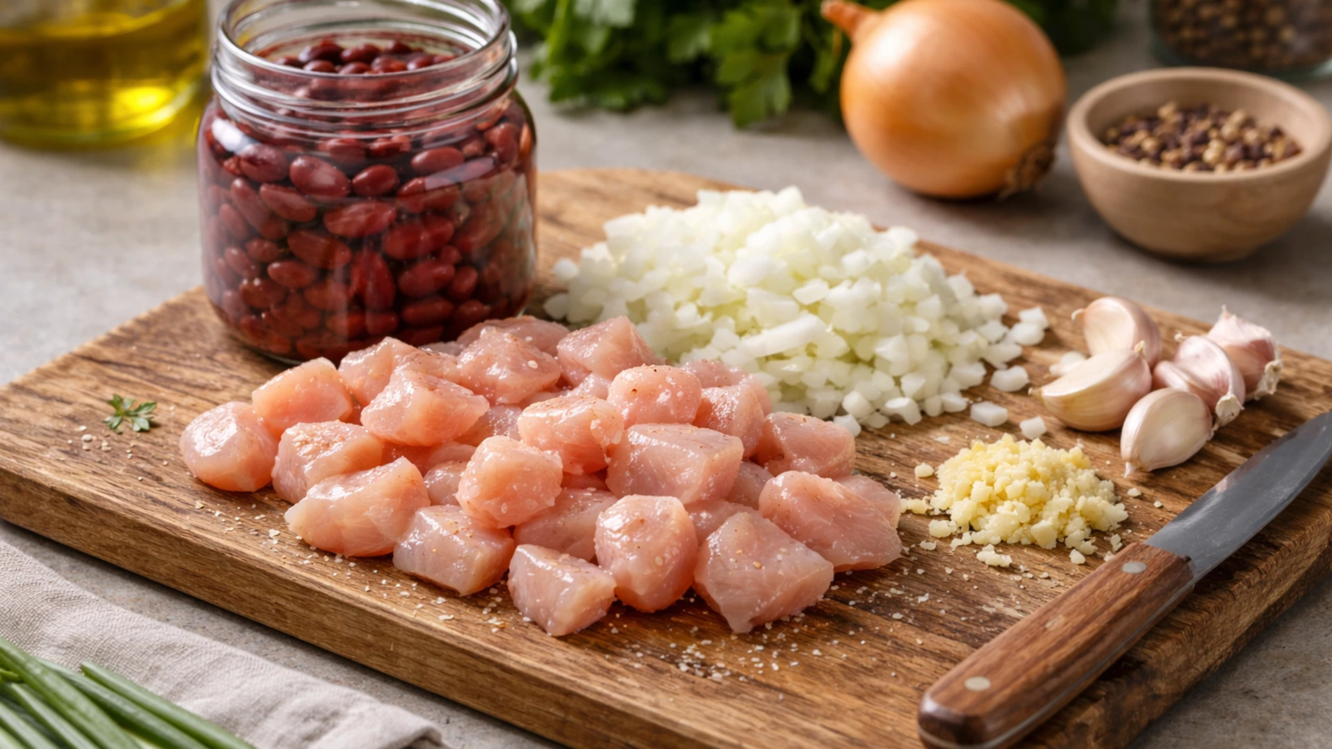 Подготовка ингредиентов для блина с курицей и фасолью