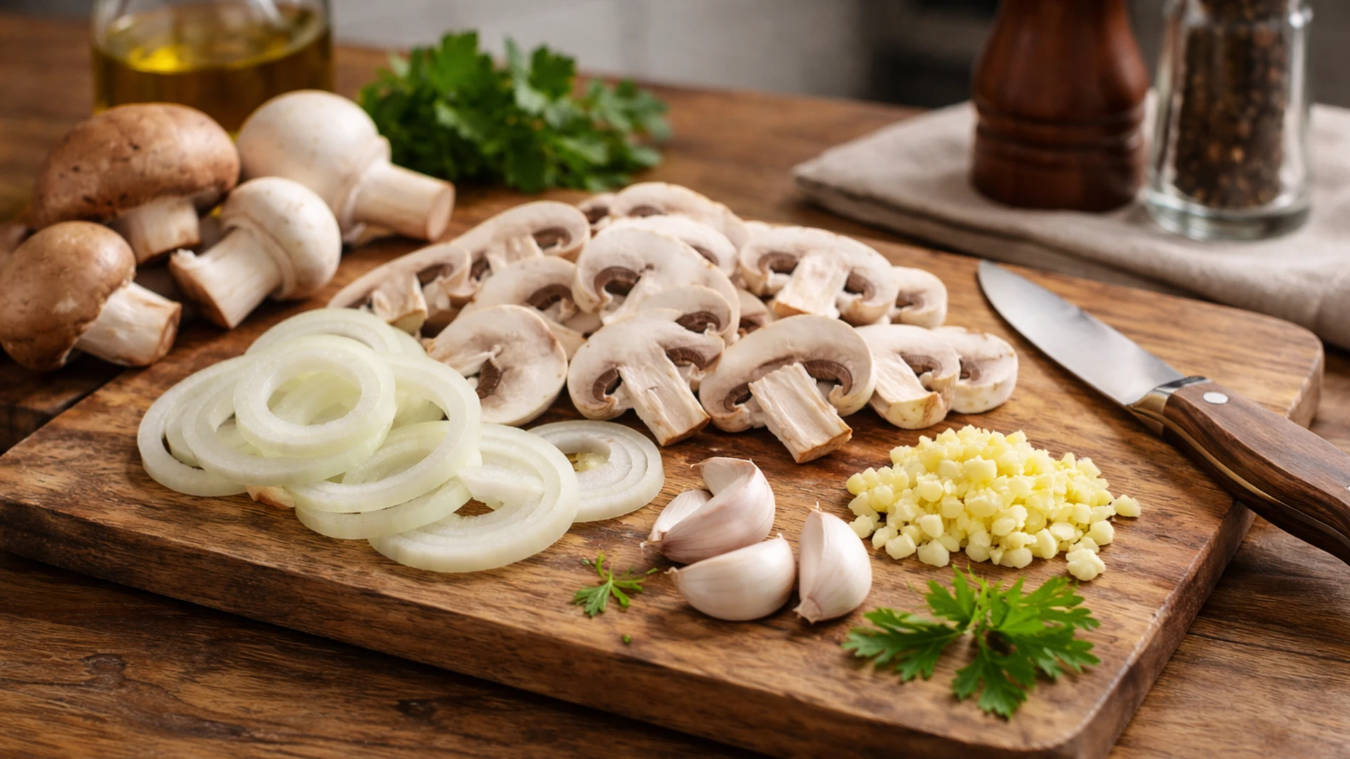 Подготовка ингредиентов для блина с грибами в сливках