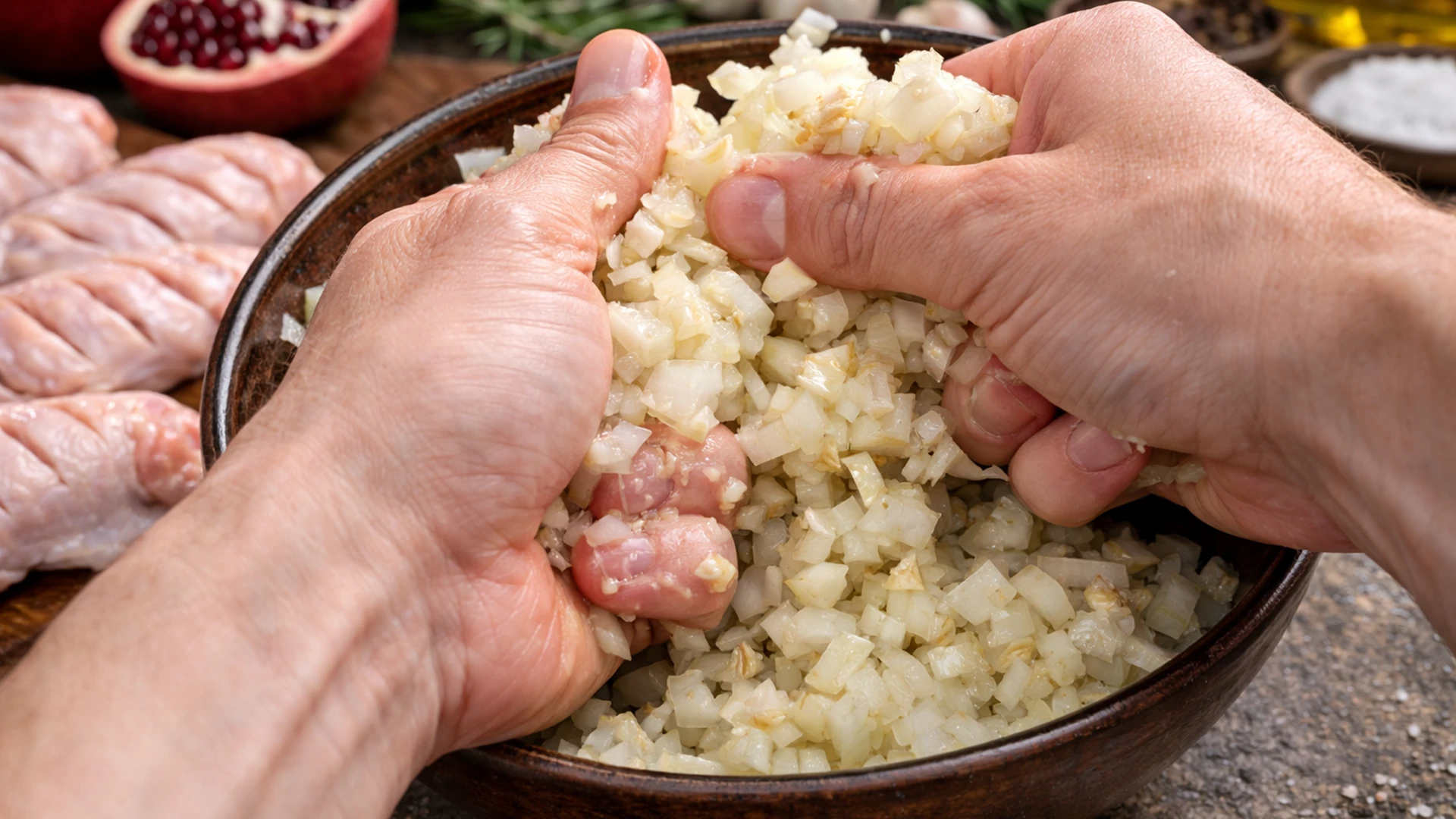 Нарезанный лук и чеснок в миске разминают руками для маринада