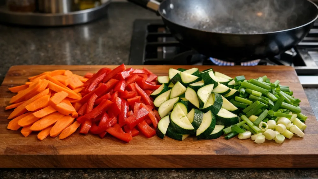 Косая нарезка овощей для приготовления в воке