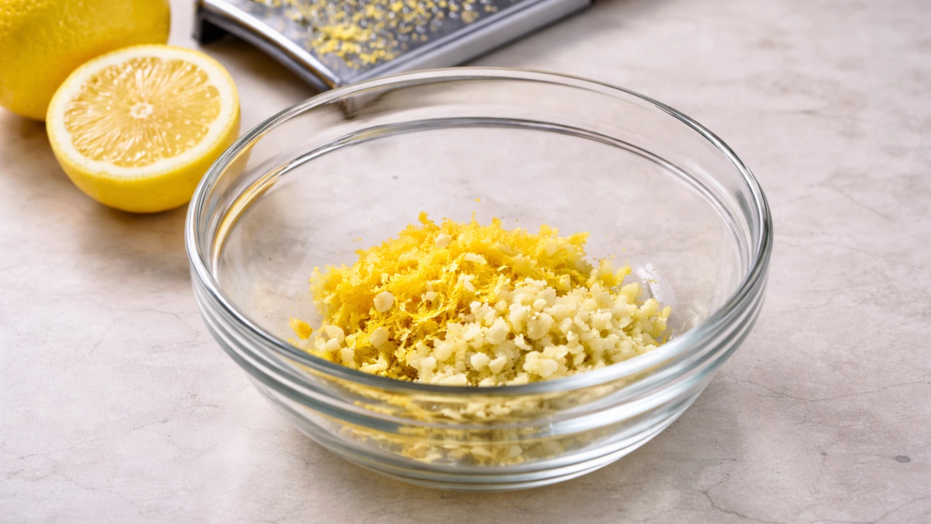 Лимонная цедра и измельчённый чеснок в стеклянной миске рядом с лимоном и тёркой