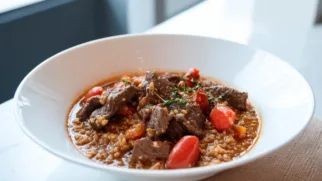 Фото рецепта: Ормо аш с кониной и томатами: густое киргизское рагу с зерном