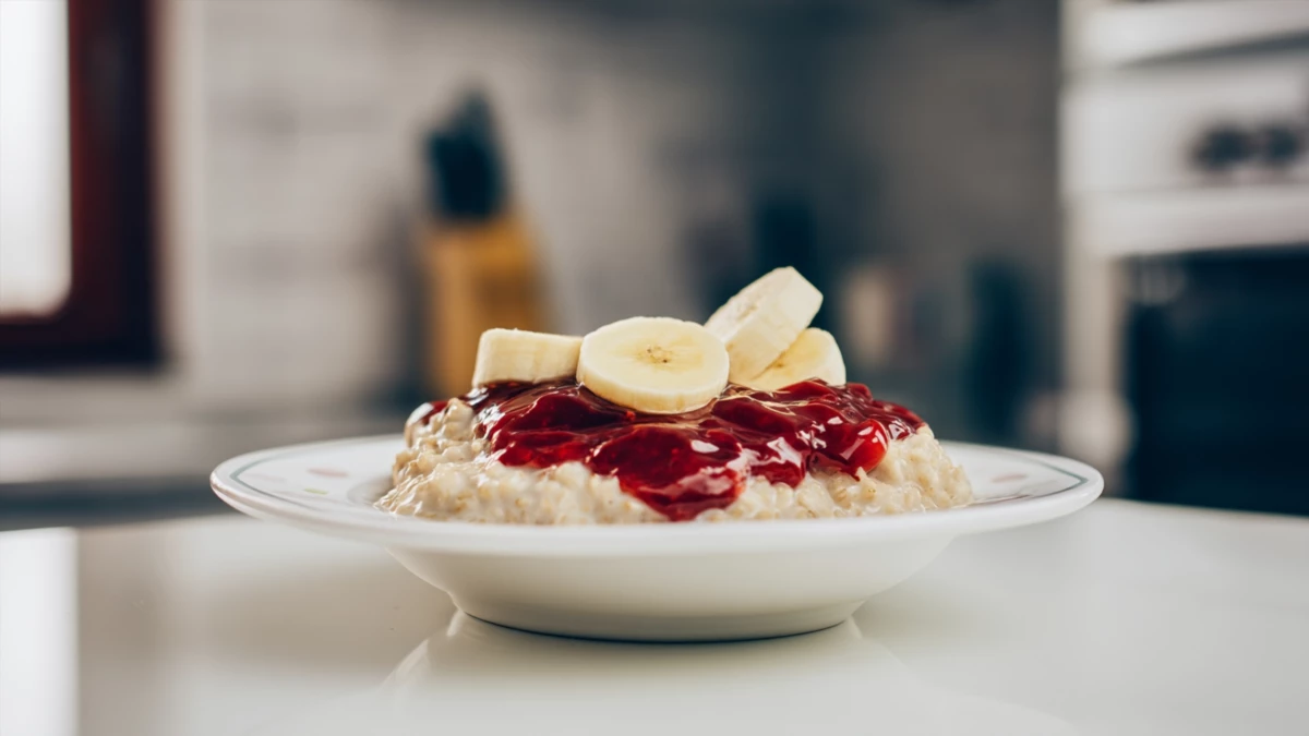 Фото блюда: Овсяная каша с клубничным вареньем и бананом: Рецепт для уютного утра