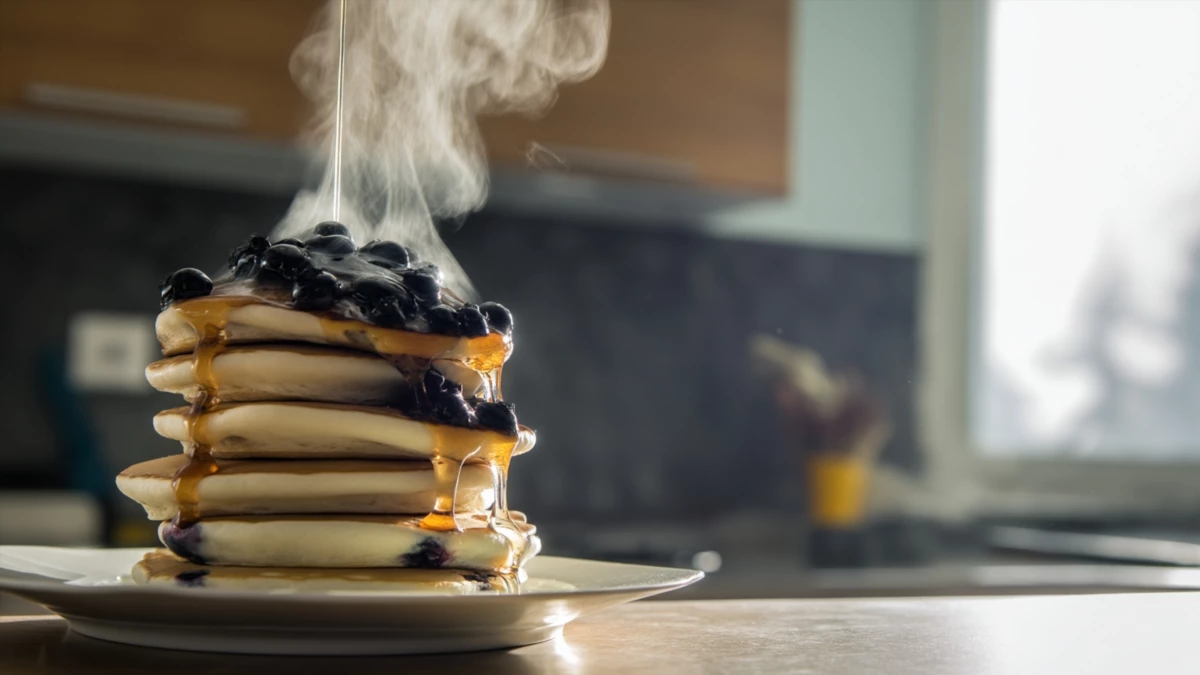 Фото блюда: Воздушные панкейки с голубикой и сиропом на сковороде