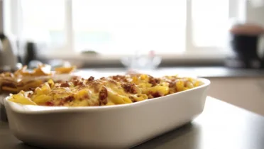 Фото блюда: Запечённая паста с сыром и кукурузными чипсами с хрустящей корочкой