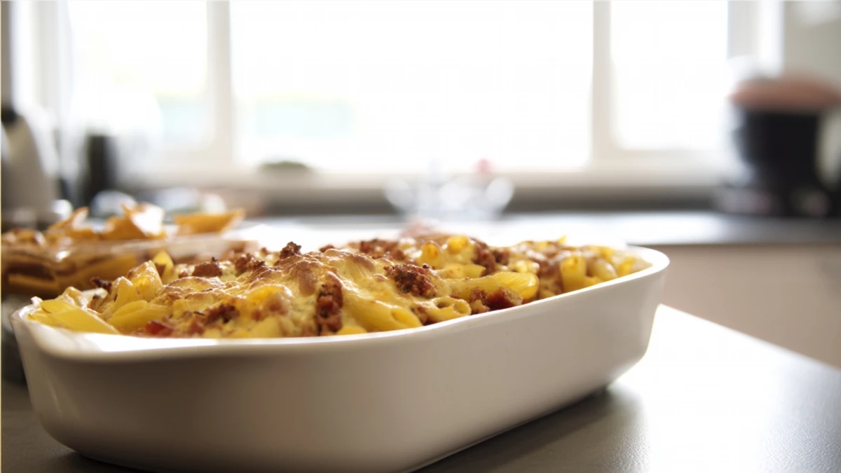 Фото блюда: Запечённая паста с сыром и кукурузными чипсами с хрустящей корочкой