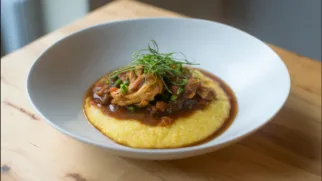 Фото рецепта: Полента из чечевично-злаковой крупы с куриным рагу в ароматном соусе