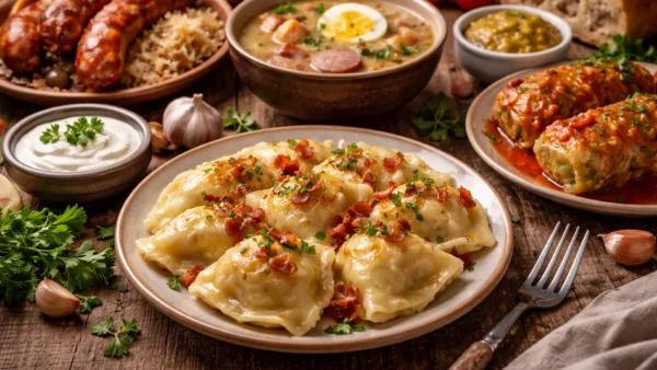 Польская кухня: вареники (pierogi) с беконом и зеленью на деревянном столе, рядом традиционные блюда