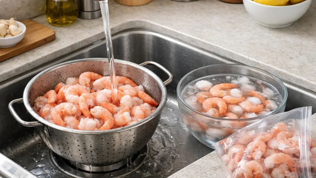 Креветки размораживаются под холодной водой в дуршлаге на современной кухне, правильная подготовка перед варкой