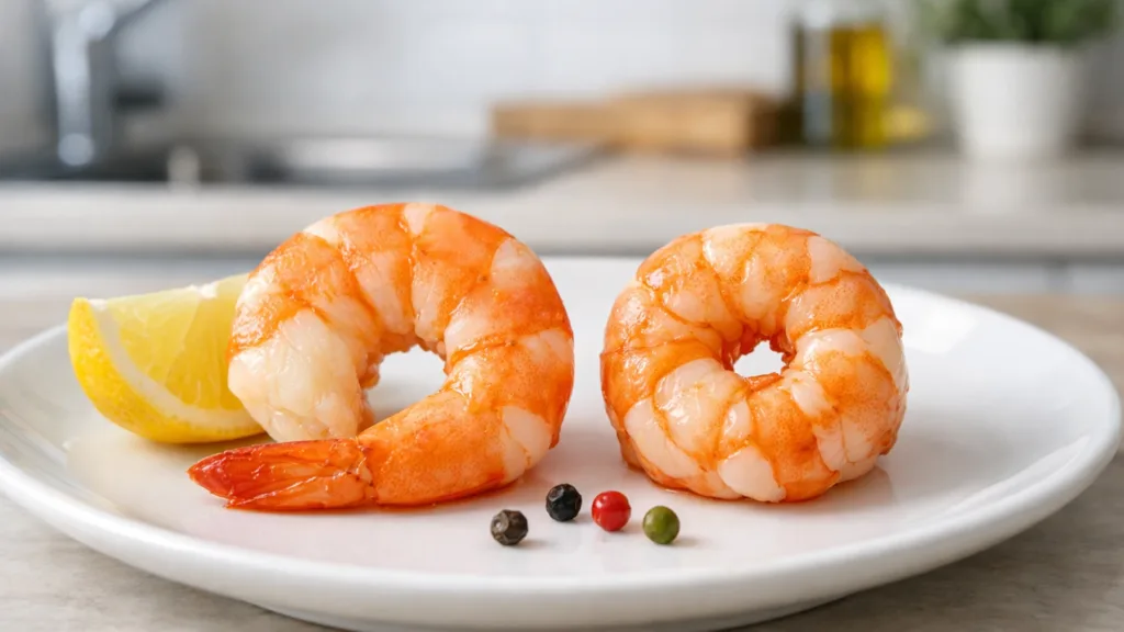 Признаки готовности креветок: одна креветка в форме буквы С, другая переваренная в форме почти О