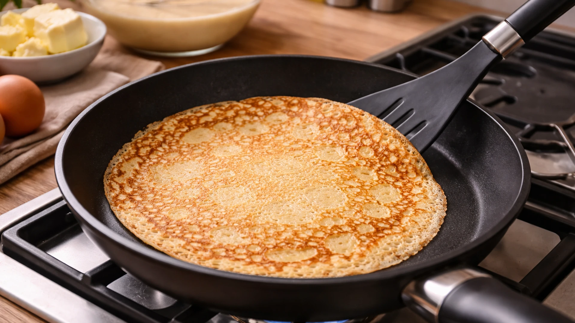 Жарка блина с ветчиной, сыром и помидорами