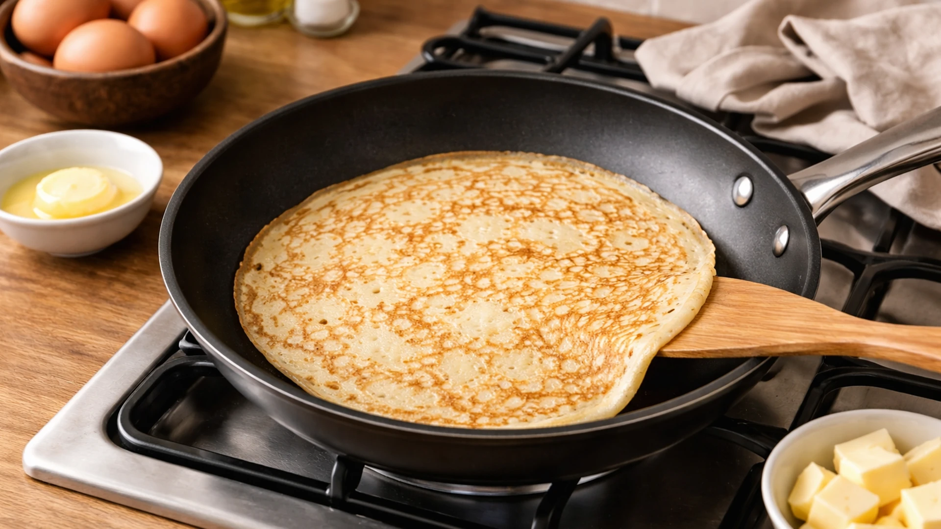 Жарка блина с зеленым луком и яйцом