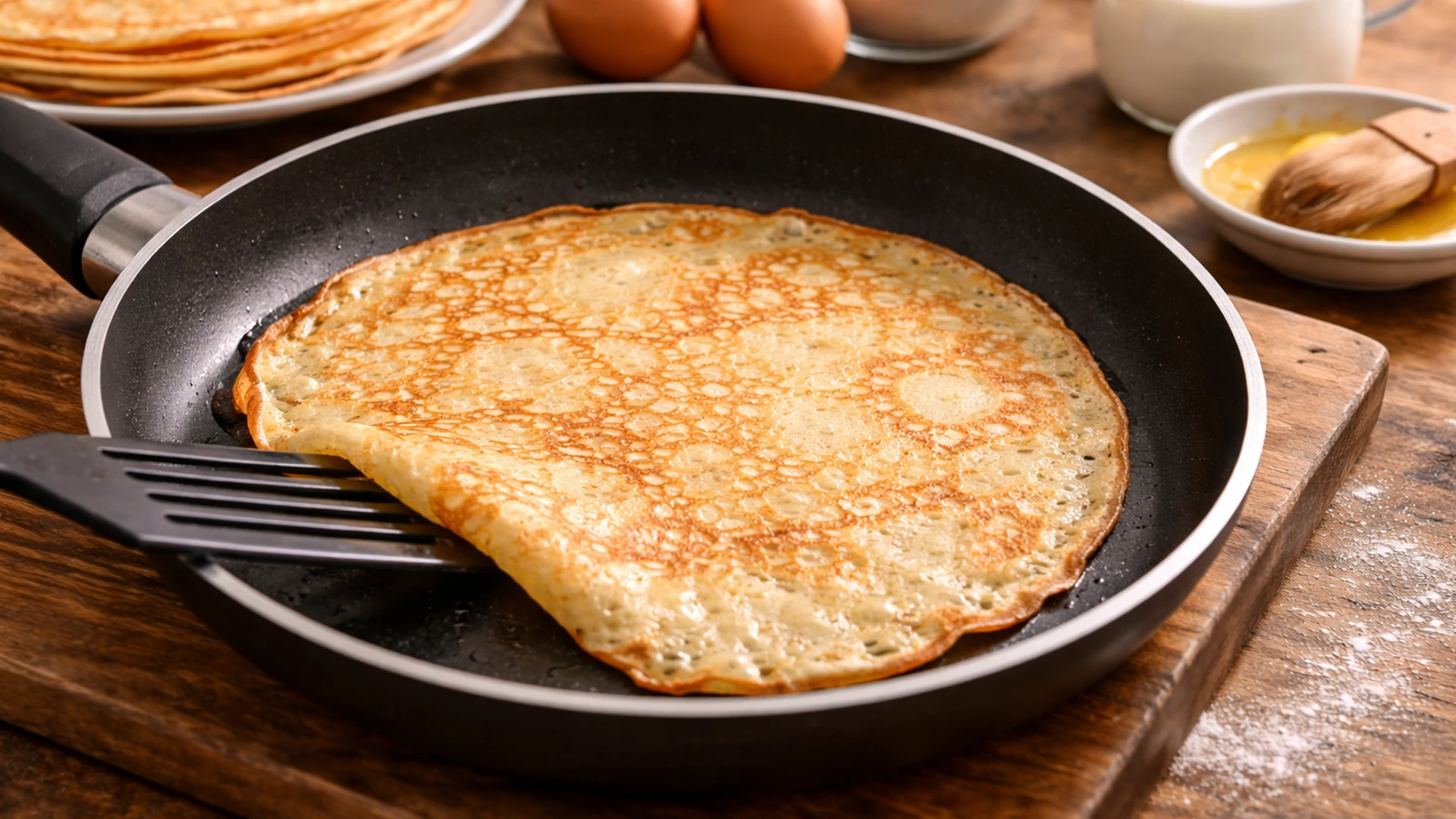 Жарка блина с шоколадом и арахисом