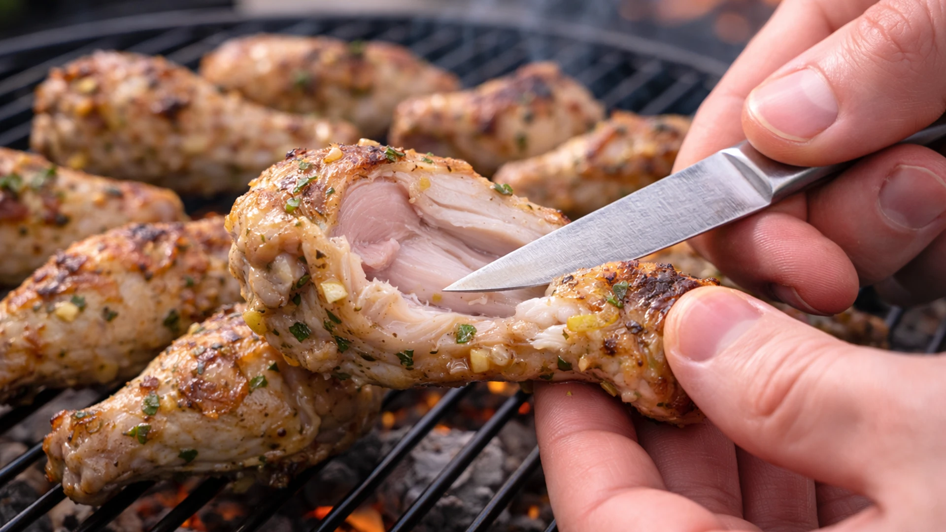 Проверка готовности куриного крылышка надрезом у кости