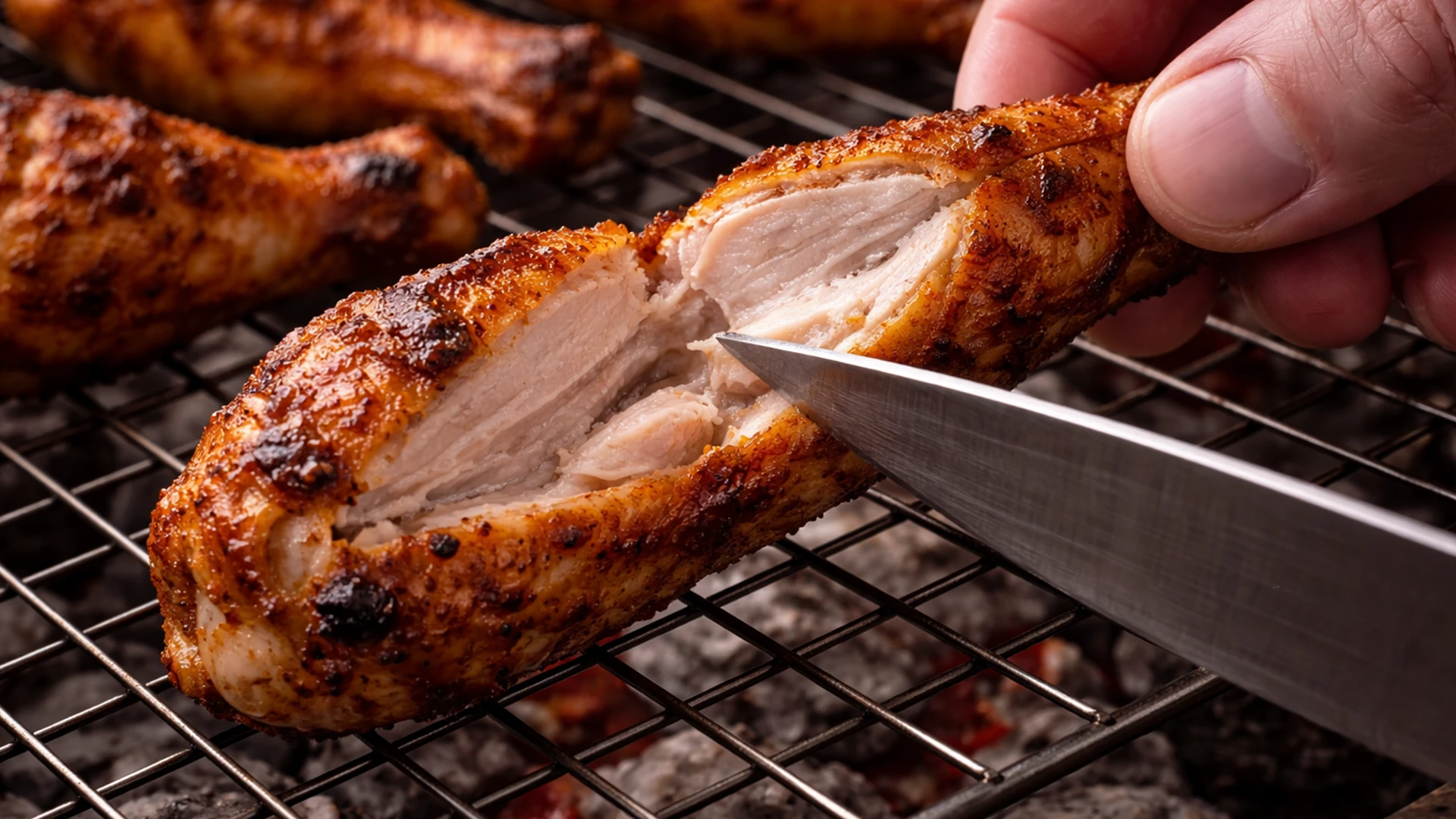 Проверка готовности крылышка: разрез у кости, внутри белое мясо и прозрачный сок