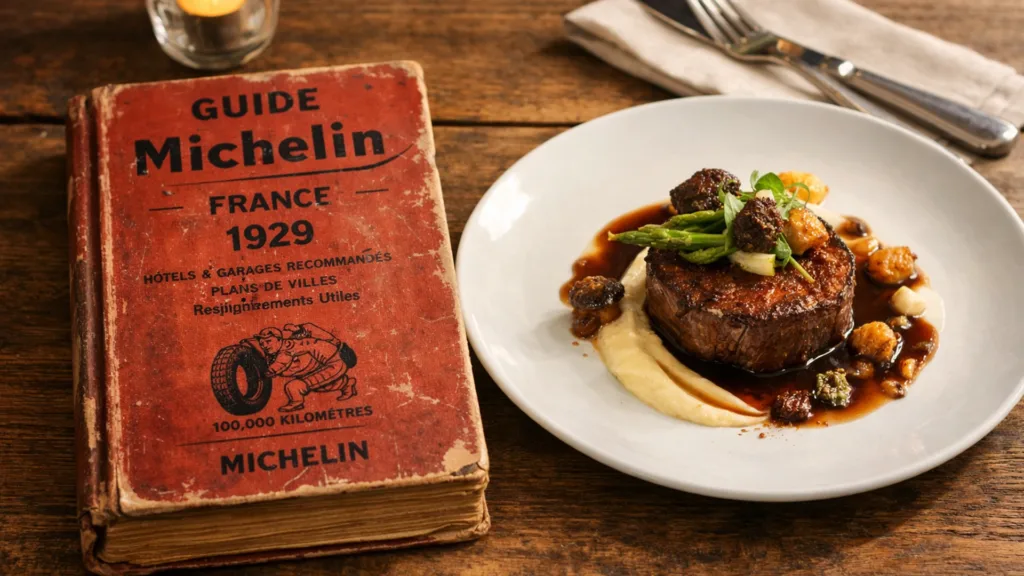 Старинный путеводитель Мишлен с изысканным блюдом
