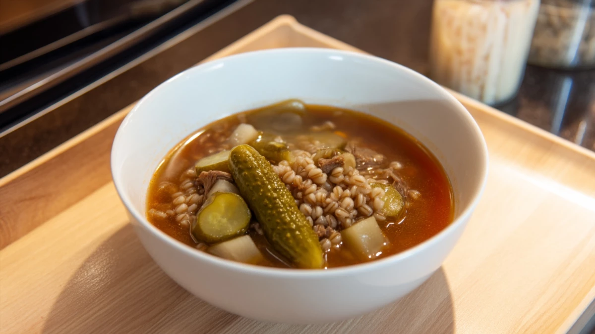 Фото блюда: Рассольник с говядиной и ячневой крупой: густой суп с яркой огуречной кислинкой