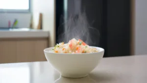 Фото блюда: Рис с крабовыми палочками и овощами на сковороде, быстрый домашний вариант