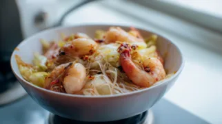 Фото рецепта: Рисовая лапша с креветками и китайской капустой в чесночном чили масле