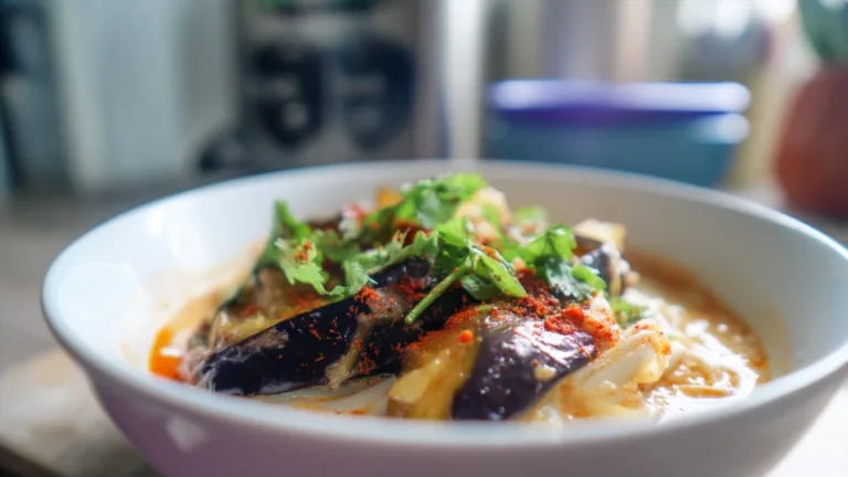 Фото рецепта: Рисовая лапша том ям с баклажаном