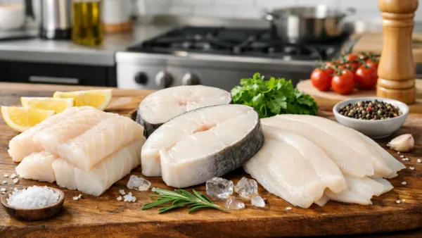 Рыбы с белым мясом на деревянной доске, треска, палтус, морской язык