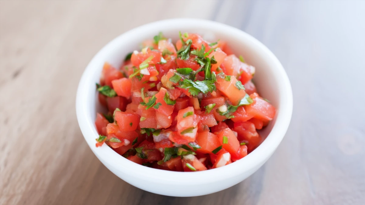 Фото блюда: Сальса фреска с перцем чили: свежий соус к мясу, рыбе и тортильям за 10 минут