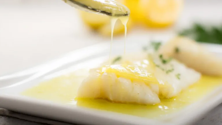 Фото блюда: Сайда под лимонно масляным соусом: нежная рыба в ярком цитрусовом вкусе