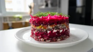 Фото рецепта: Селедка под шубой с маринованными огурцами: яркий салат с пикантной ноткой