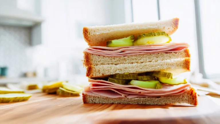 Фото блюда: Сэндвич с ветчиной и маринованными огурцами: хруст и нежность за 10 минут