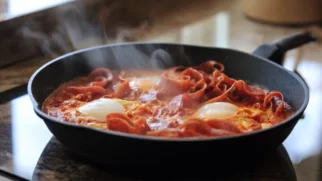 Фото рецепта: Шакшука с бастурмой: пряные томаты, нежные яйца и аромат мяса