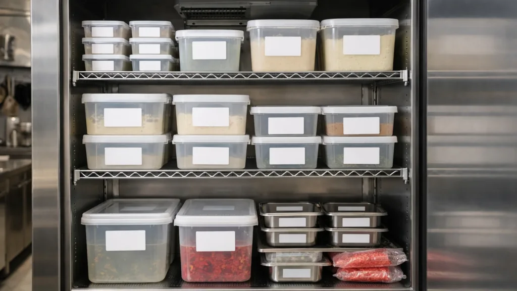 Маркировка продуктов на кухне общепита с контейнерами и этикетками