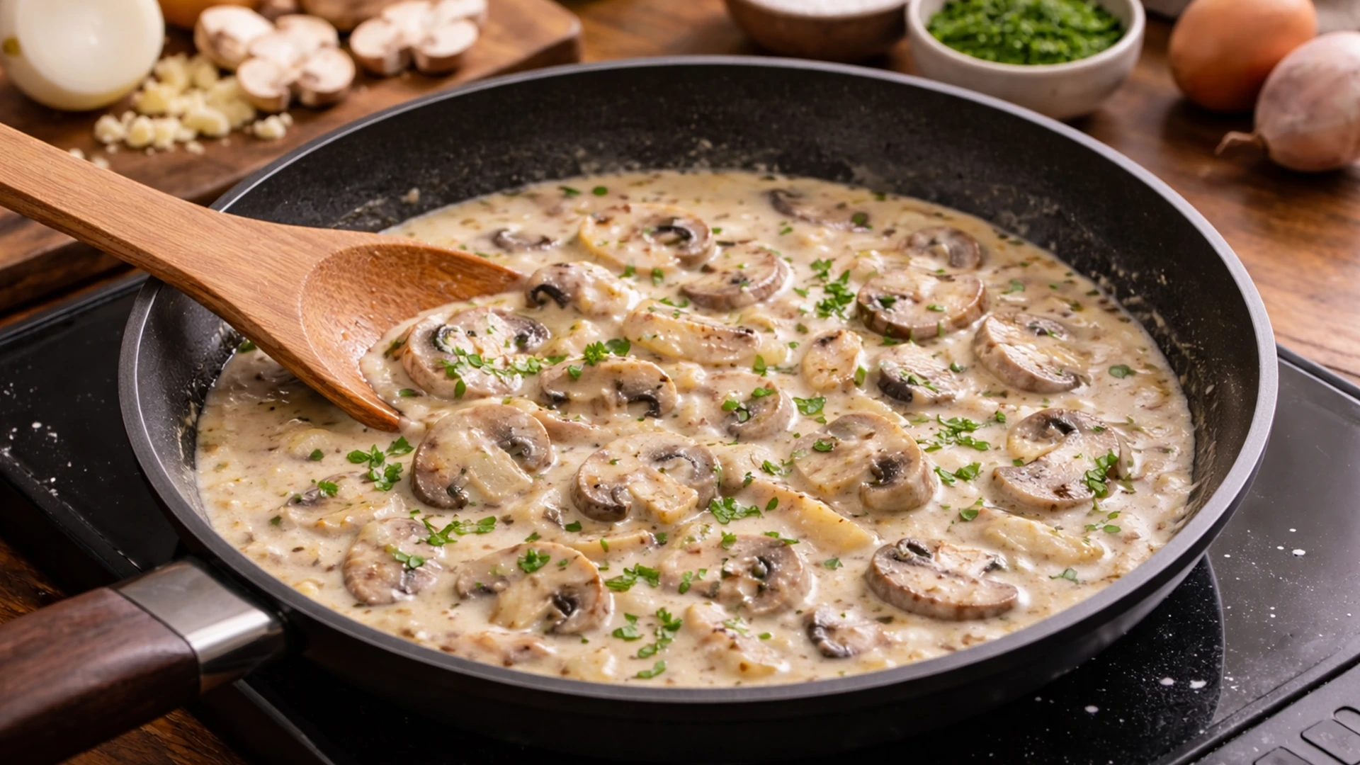 Приготовление начинки с грибами в сливках