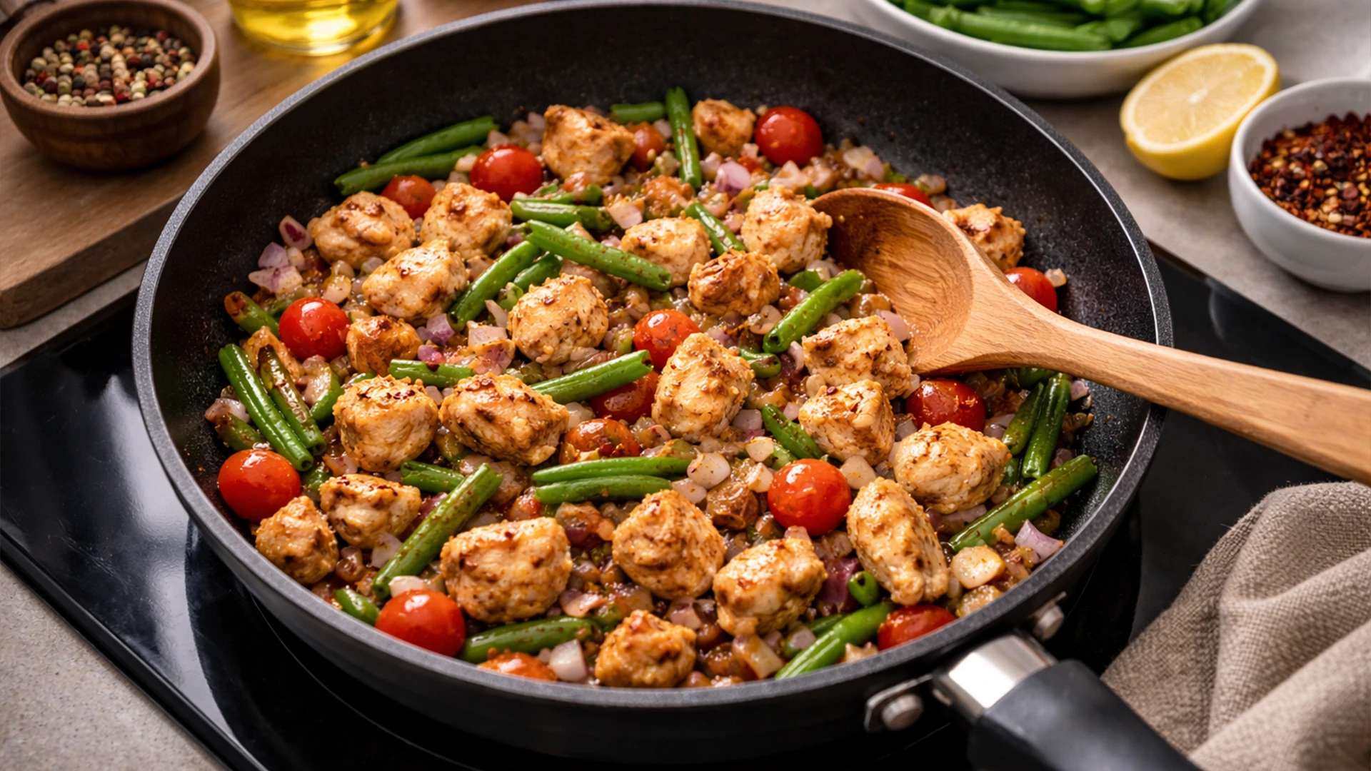 Приготовление начинки с курицей и фасолью