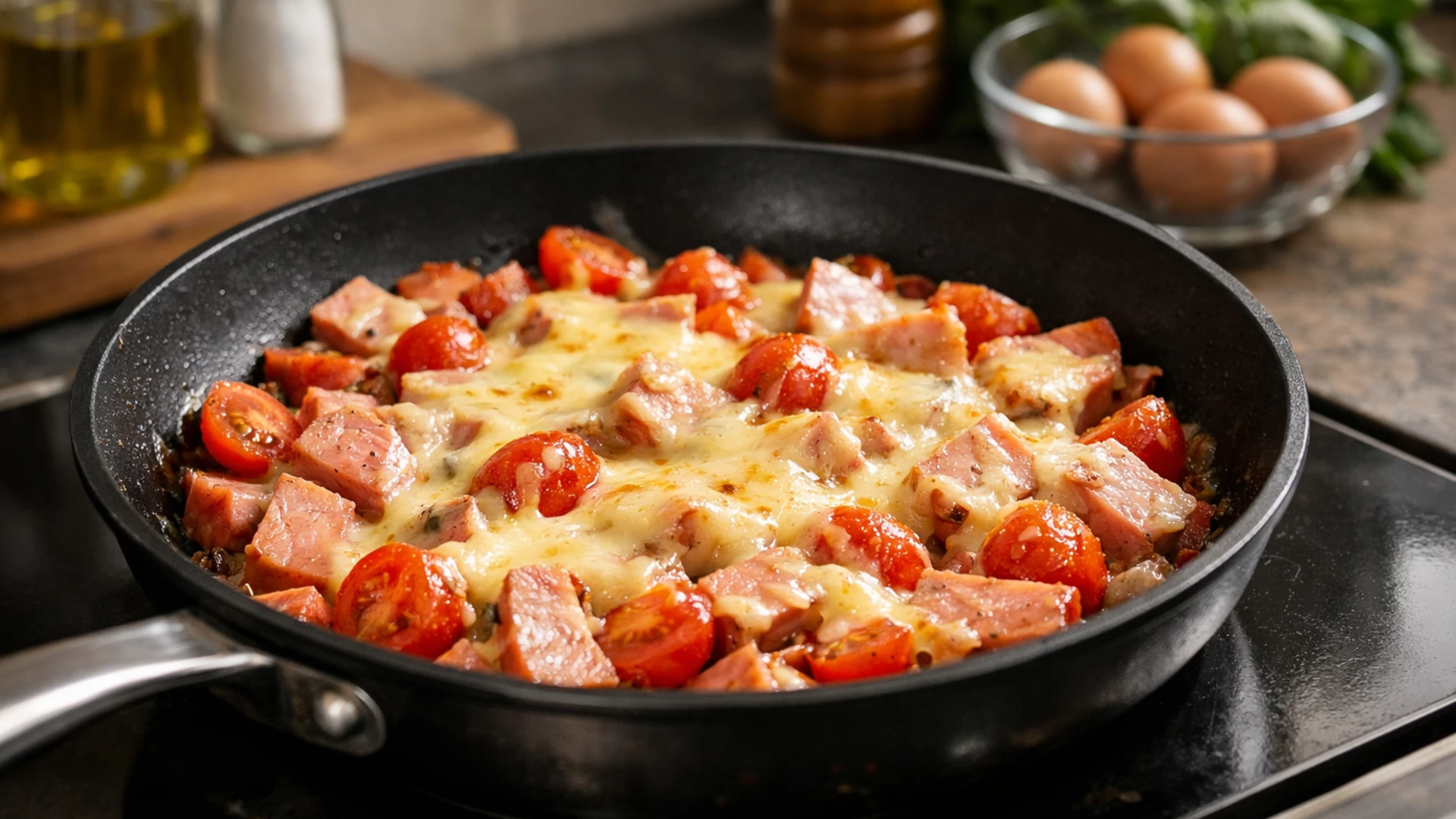 Приготовление начинки для блинов с ветчиной, сыром и помидорами