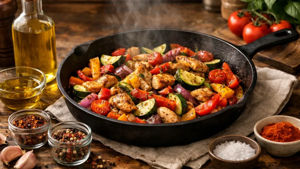 Жарка овощей и мяса на сковороде.