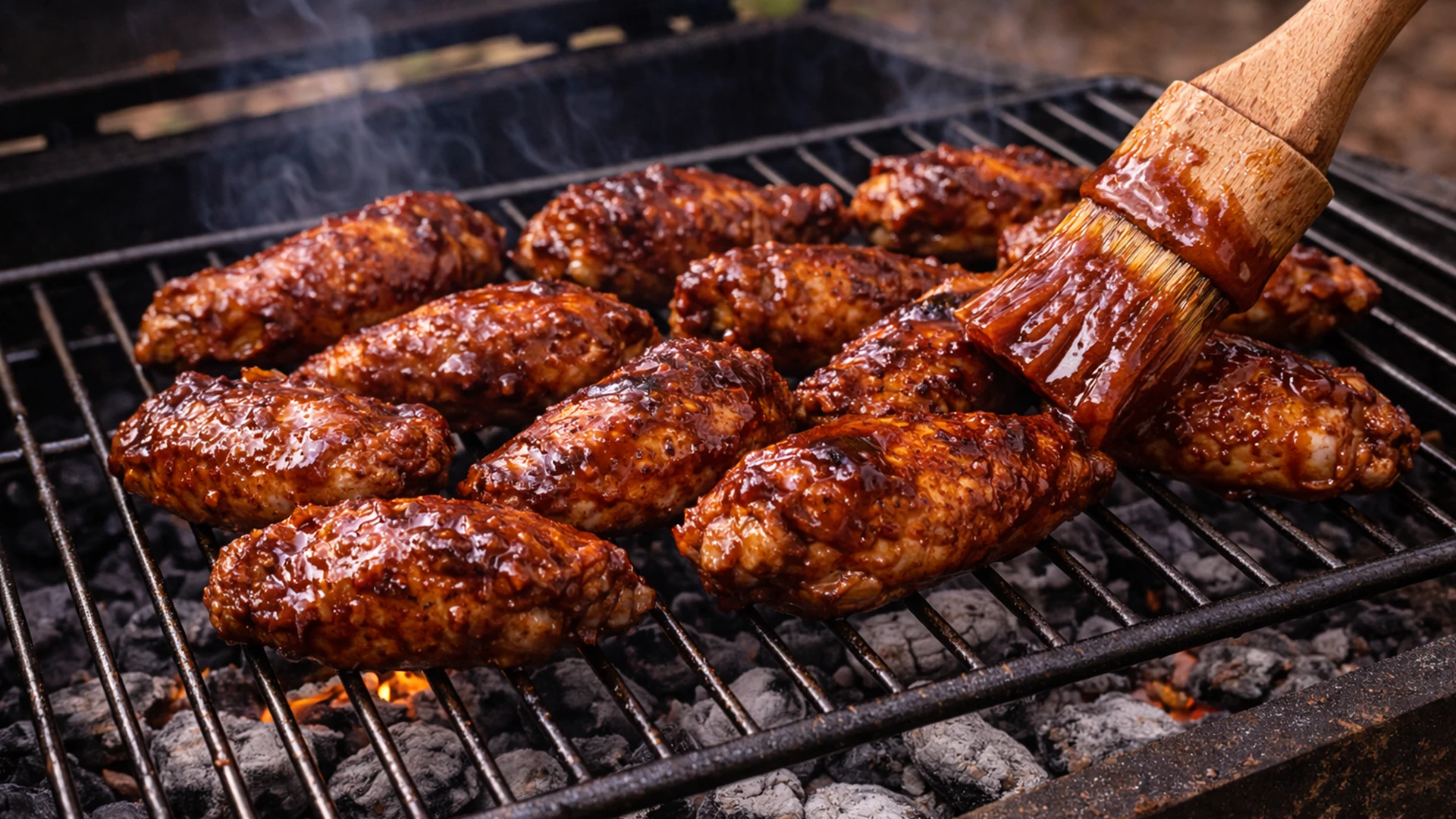 Смазывание крылышек барбекю соусом кисточкой прямо на решётке мангала