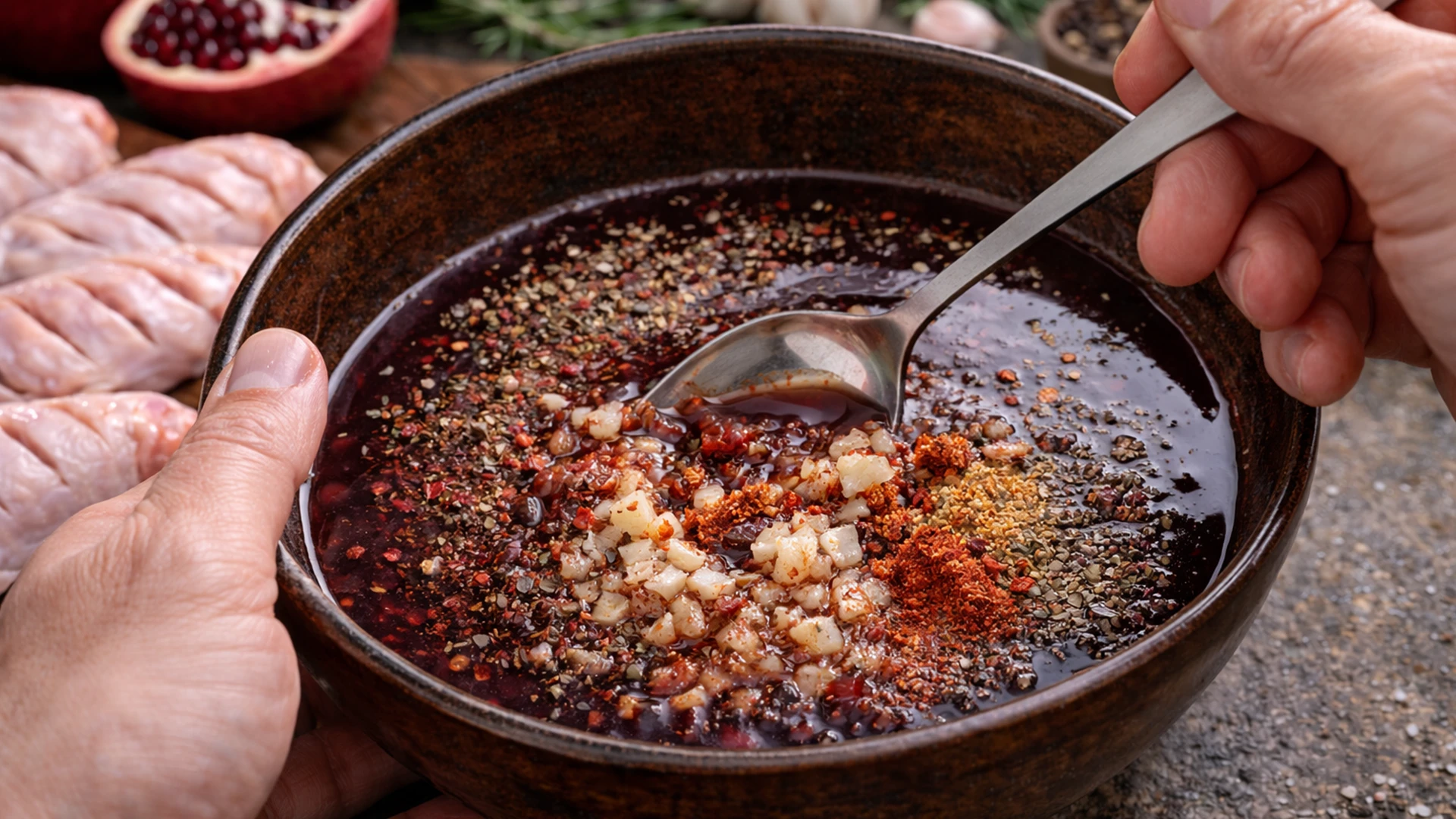 Гранатовый маринад с соком и специями смешивают в миске