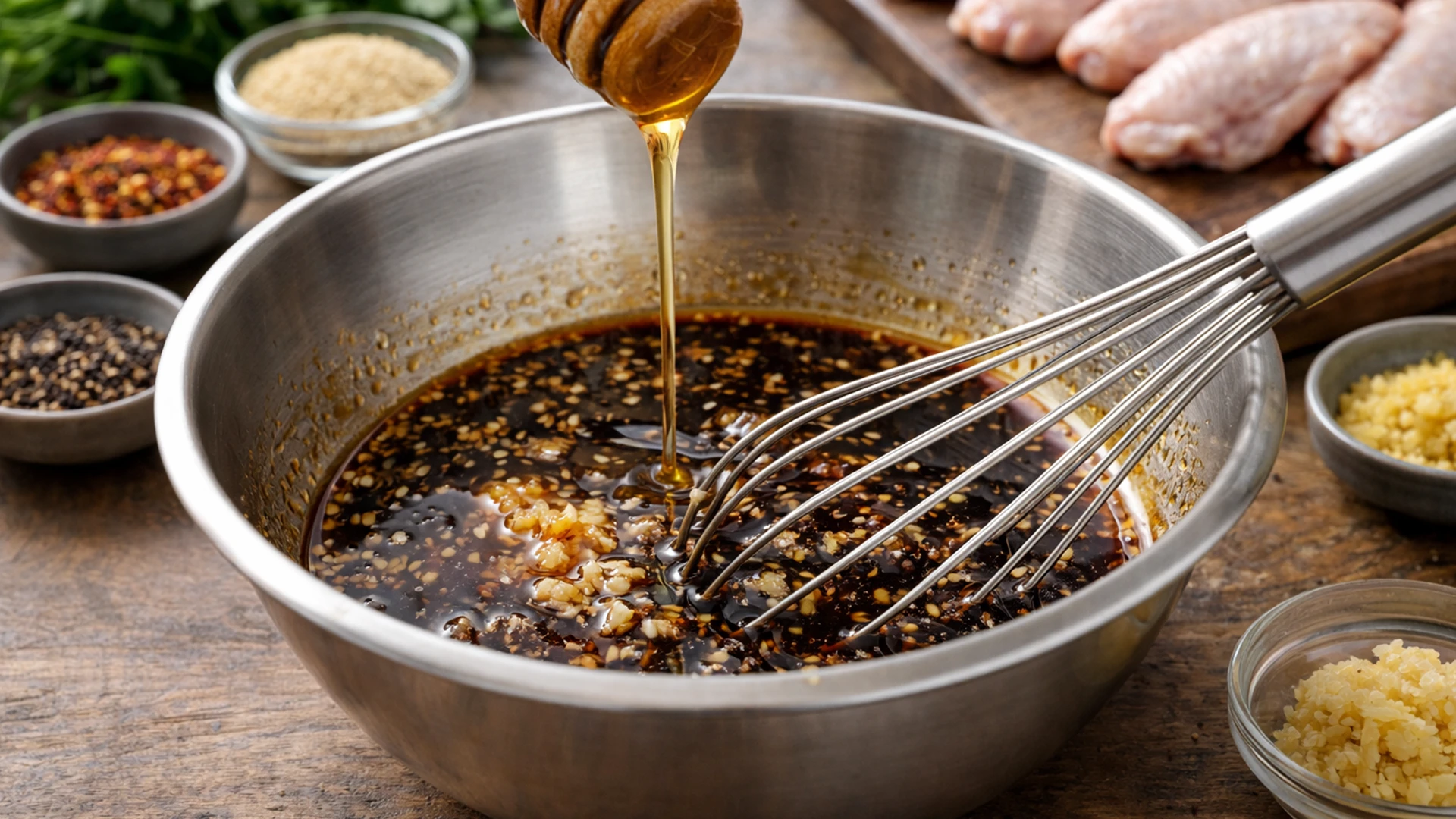 Приготовление маринада терияки в миске с соевым соусом мёдом имбирём и чесноком