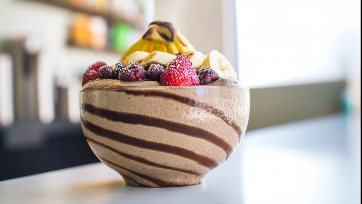 Фото блюда: Смузи боул с шоколадной лентой: густой завтрак как в кафе за 10 минут