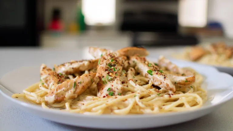 Фото блюда: Спагетти с курицей в сливочно чесночном соусе как в ресторане