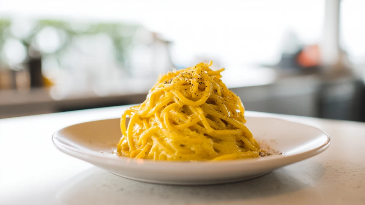 Фото блюда: Спагетти в сырном соусе чеддер: сливочно, ярко и быстро