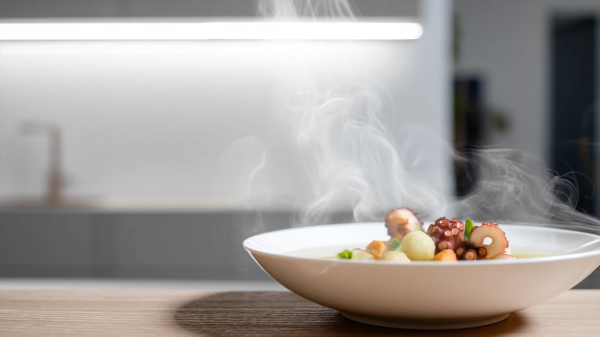 Фото блюда: Нежный суп с осьминогом и овощами для уютного обеда