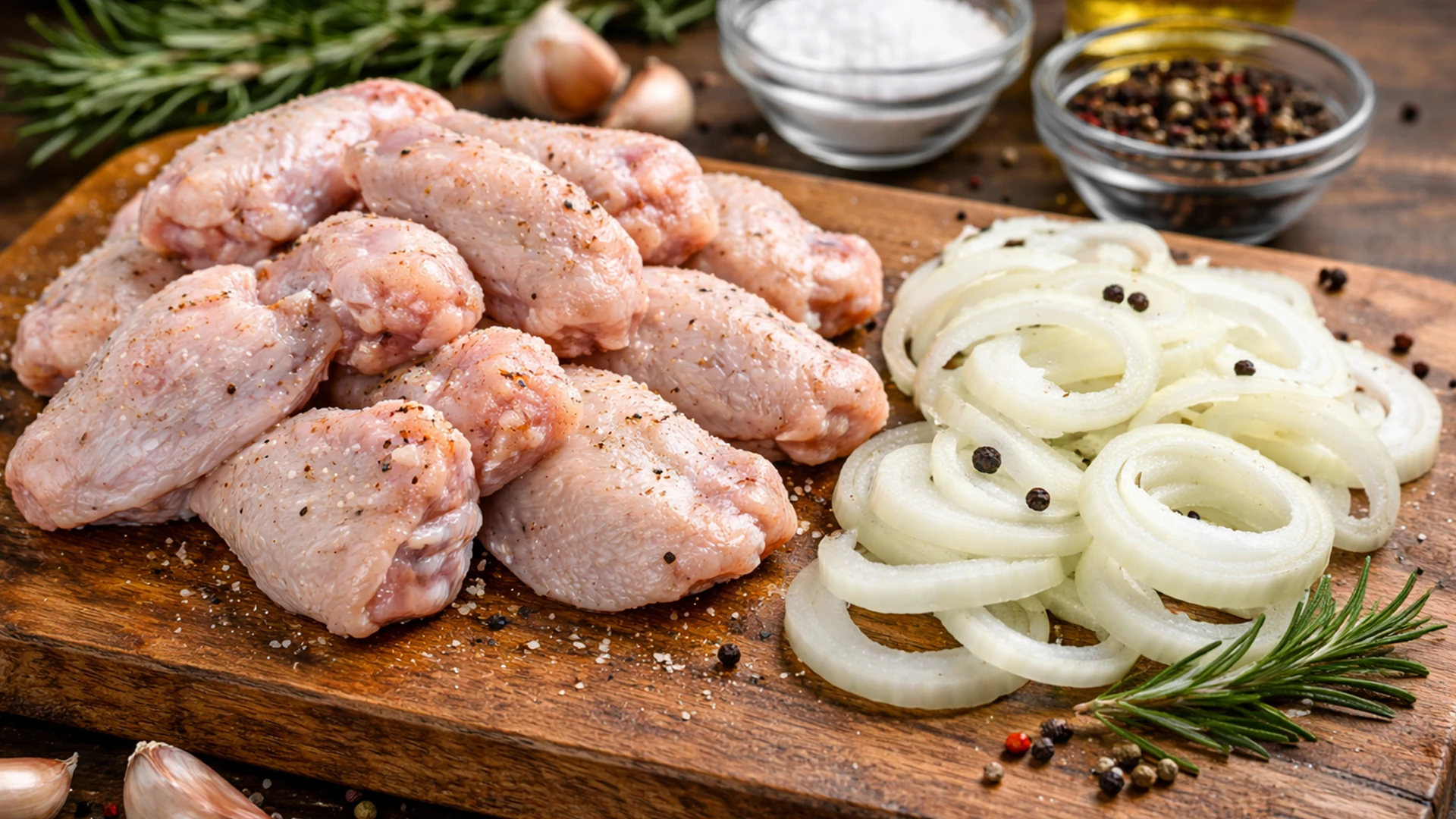 Сырые куриные крылышки и нарезанный лук на деревянной доске для маринования