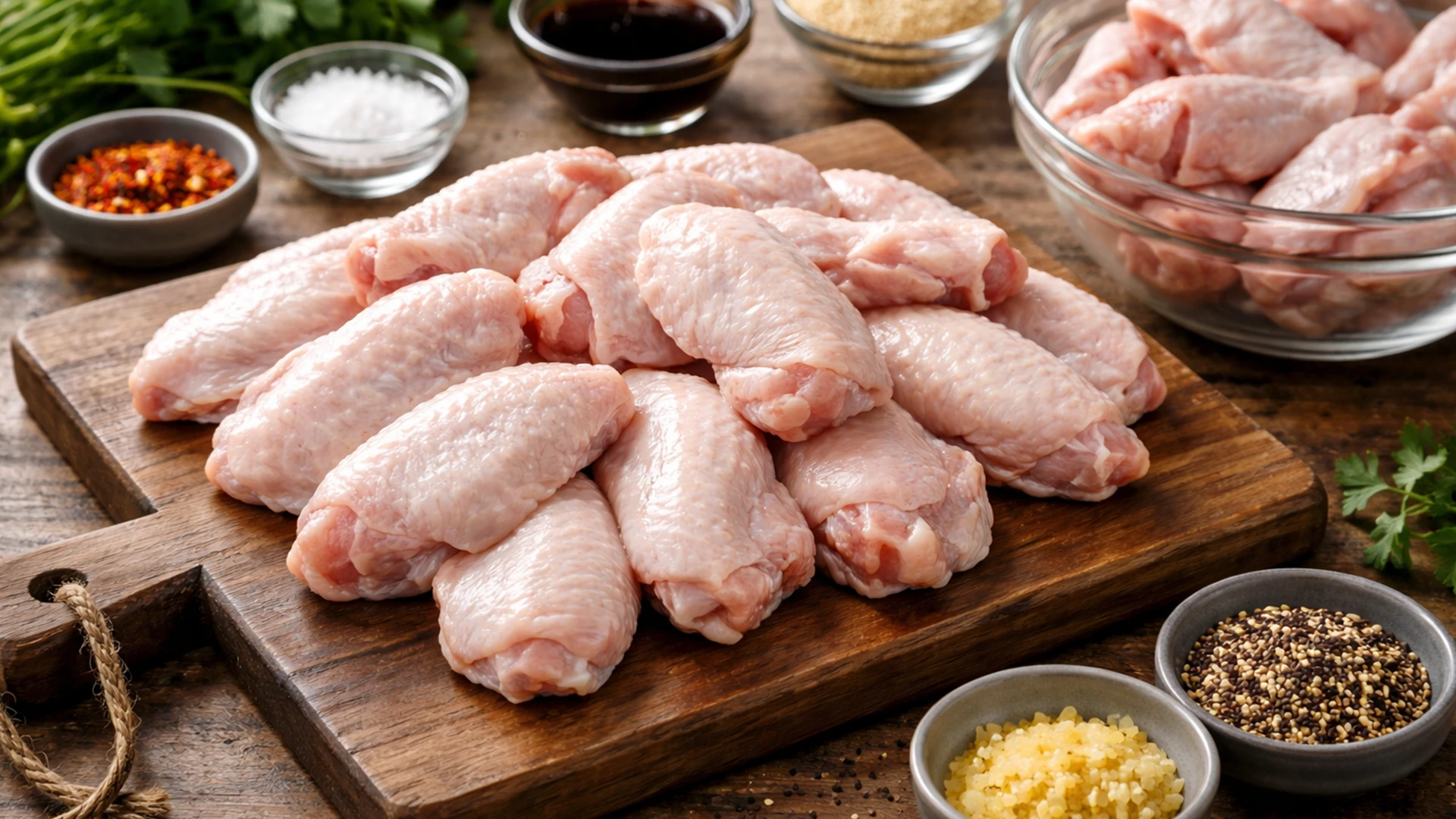 Сырые куриные крылышки на деревянной доске перед маринованием