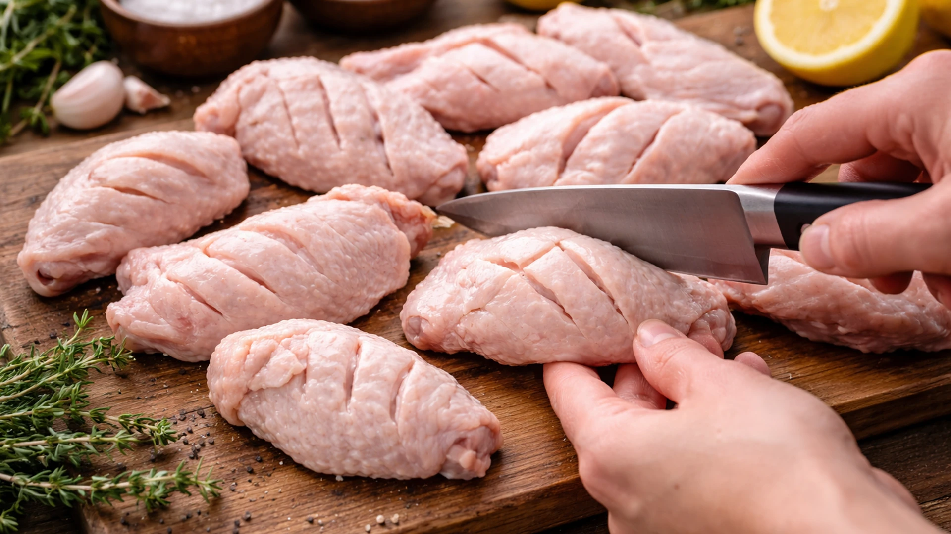 Сырые куриные крылышки на доске, на мясе делают надрезы ножом