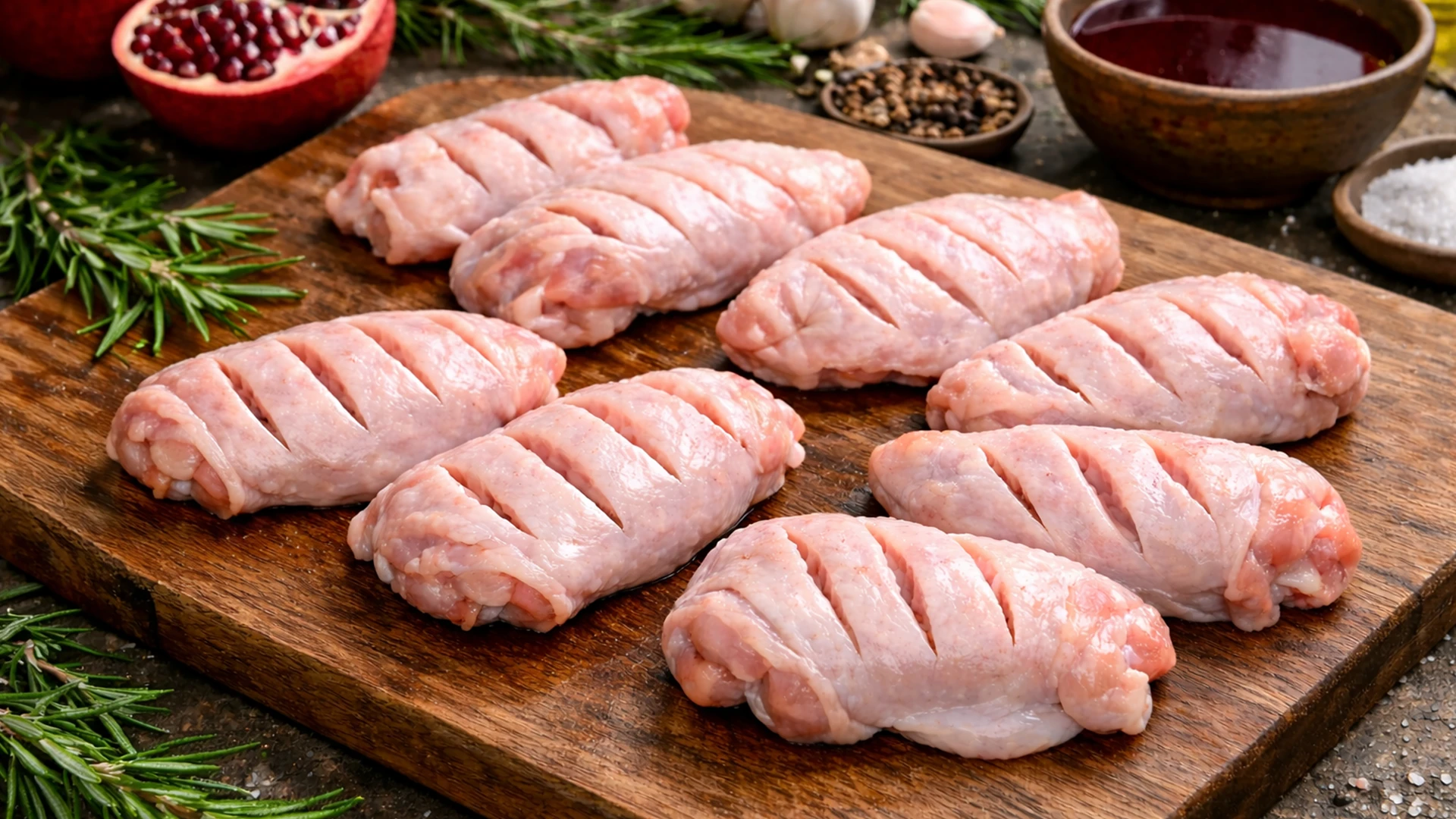 Сырые куриные крылышки с надрезами на разделочной доске перед маринованием