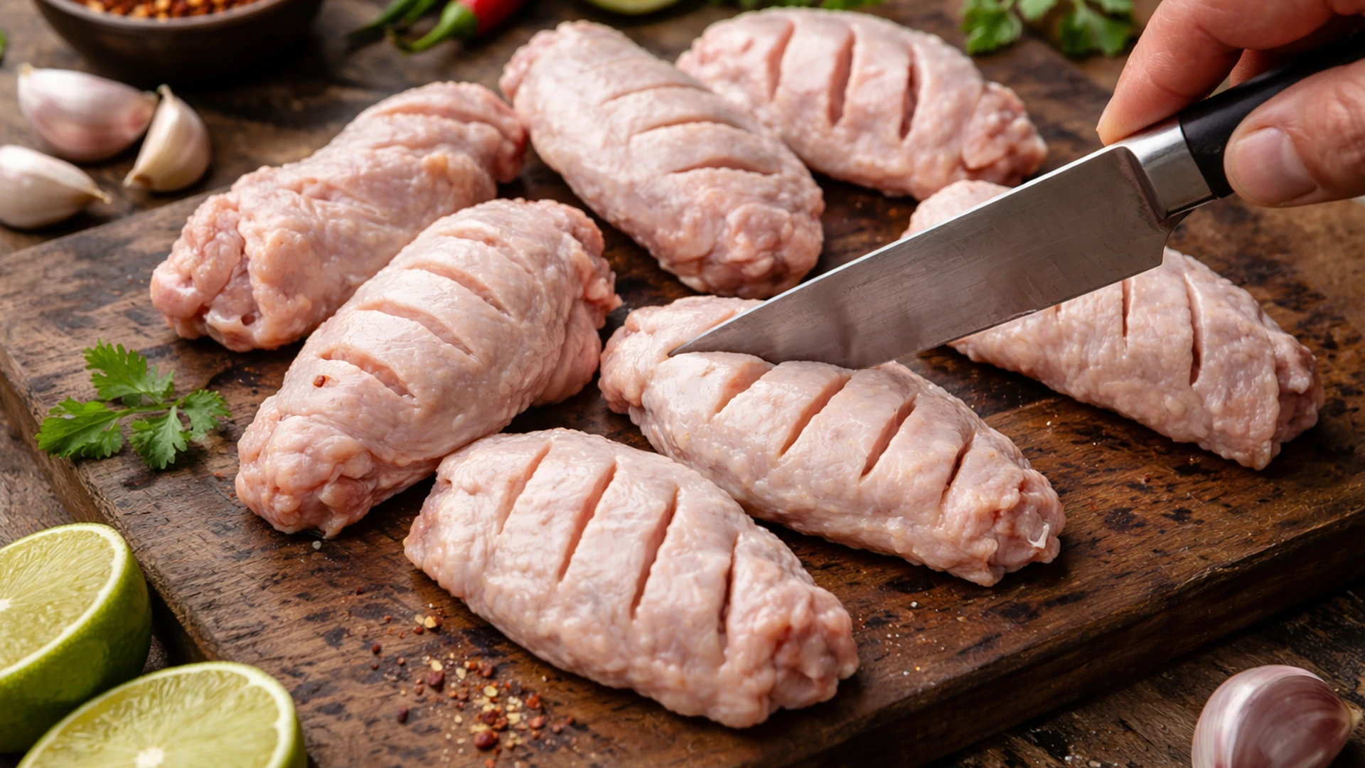 Сырые куриные крылышки на доске с надрезами ножом