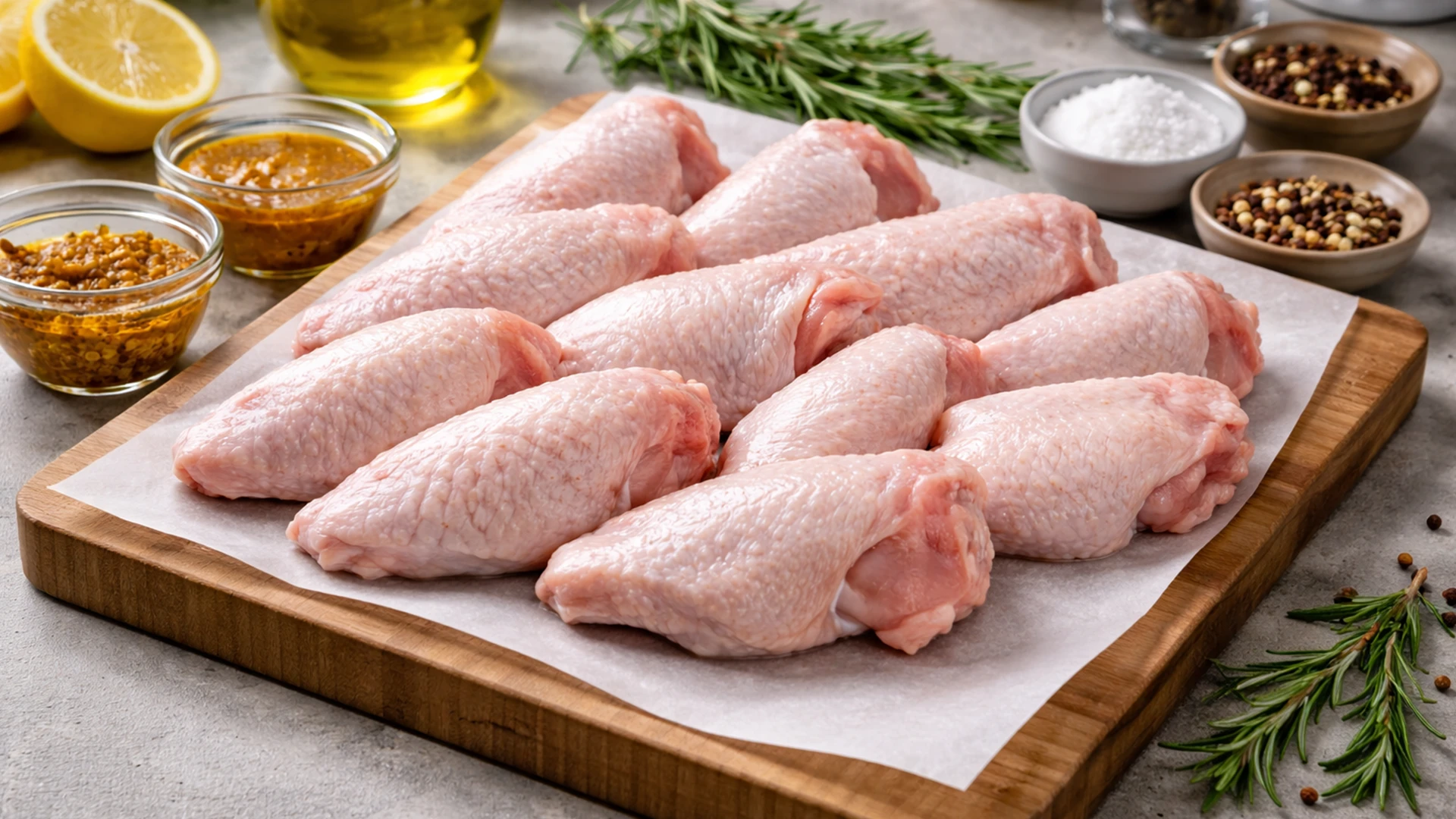 Сырые куриные крылышки обсушенные на доске перед маринованием