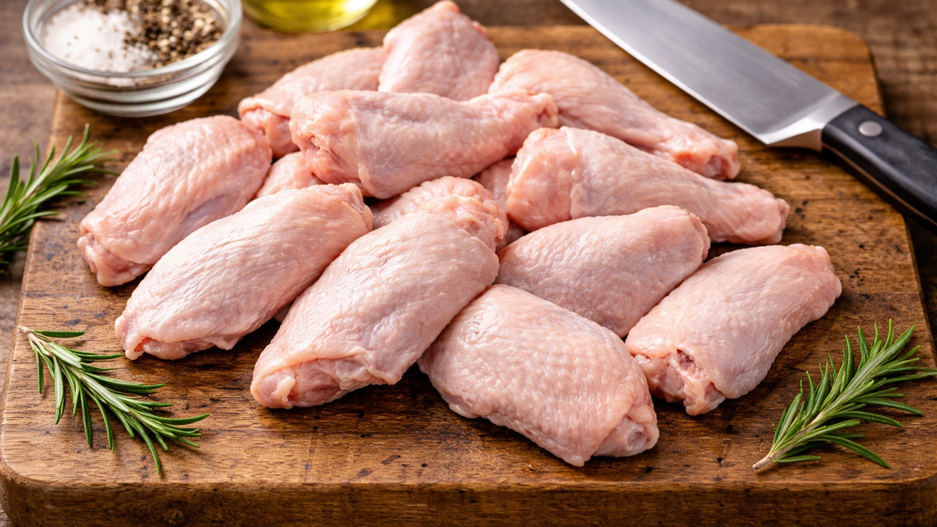 Сырые обсушенные куриные крылышки на разделочной доске рядом с ножом и миской